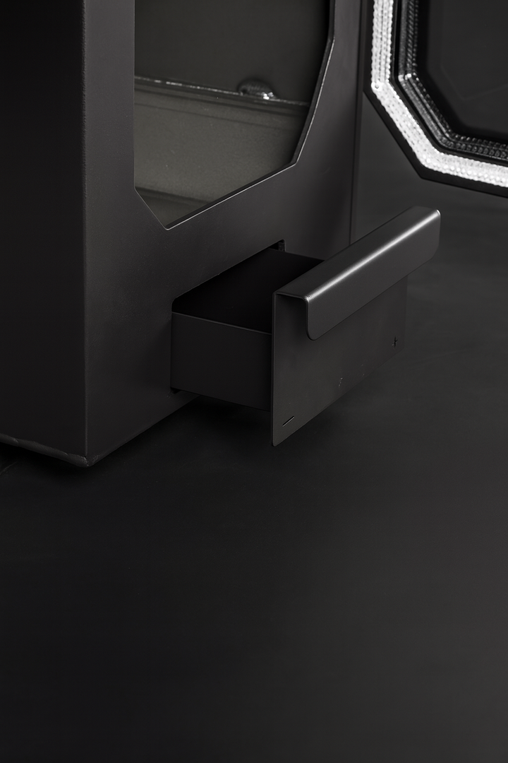 HUUM black metal home sauna heater package with modern drawer and sleek design