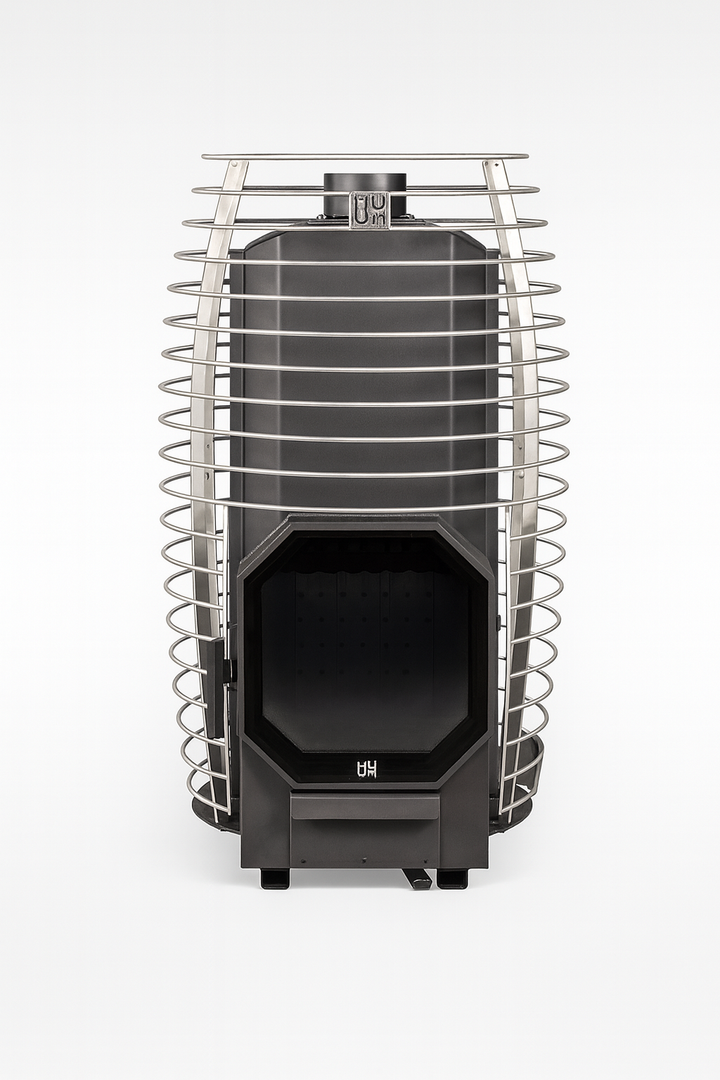 HUUM home sauna heater package with modern metal cage design for efficient heat distribution