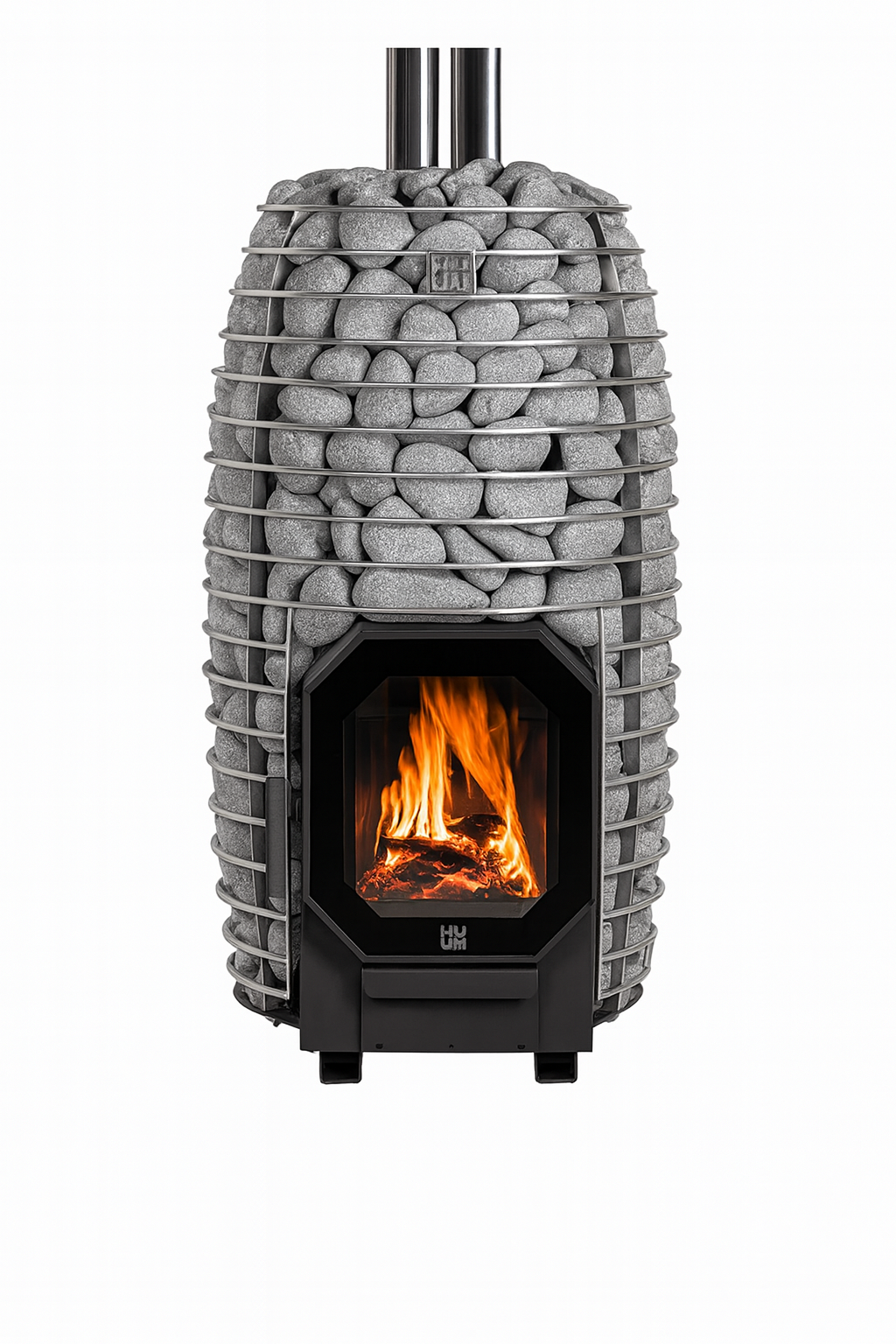 HUUM sauna heater with visible fire and stones in a home sauna heater package