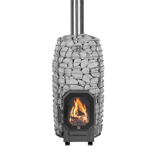 HUUM HIVE Heat Flow Mini 8.5kW sauna heater with stone cage and front glass firebox showing flames
