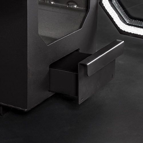 Close up of removable black metal drawer on HUUM HIVE Heat Flow Mini 8.5kW sauna heater unit