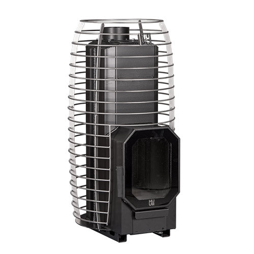 HUUM HIVE Heat Flow Mini 8.5kW black sauna heater with stainless steel protective cage and front stone chamber