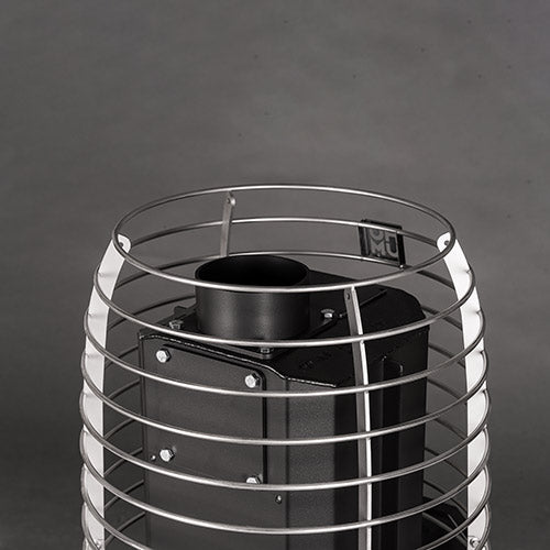 HUUM HIVE Heat Flow Mini 8.5kW black sauna heater top view with stainless steel safety cage