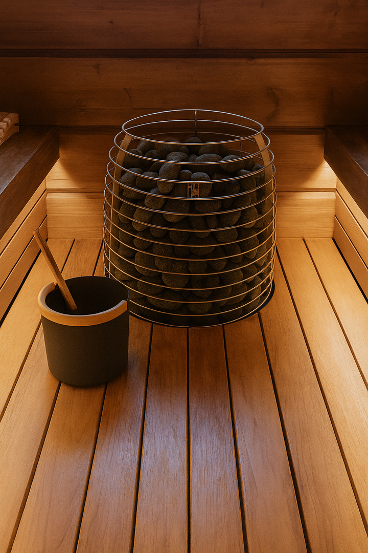HUUM HIVE Series sauna heater in wire stone cage on wooden sauna bench floor with bucket and ladle