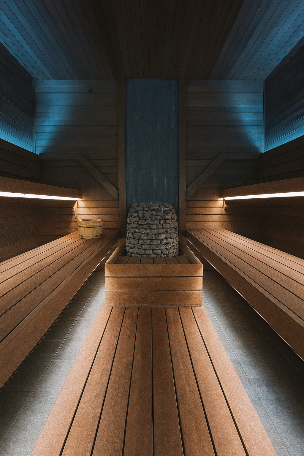 Modern Finnish sauna interior featuring HUUM HIVE Series sauna heater with stone core and ambient LED lighting