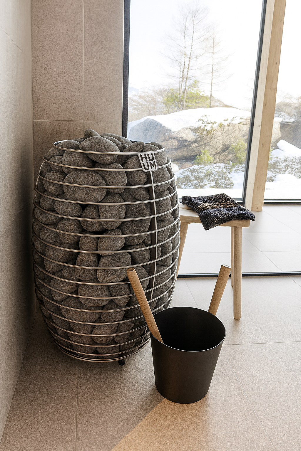 HUUM HIVE Series sauna heater stone filled wire cage with sauna bucket ladle wooden stool by window
