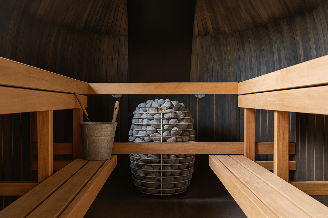 HUUM HIVE Series sauna heater in a wooden sauna interior with bench seating stone filled cage bucket and ladle