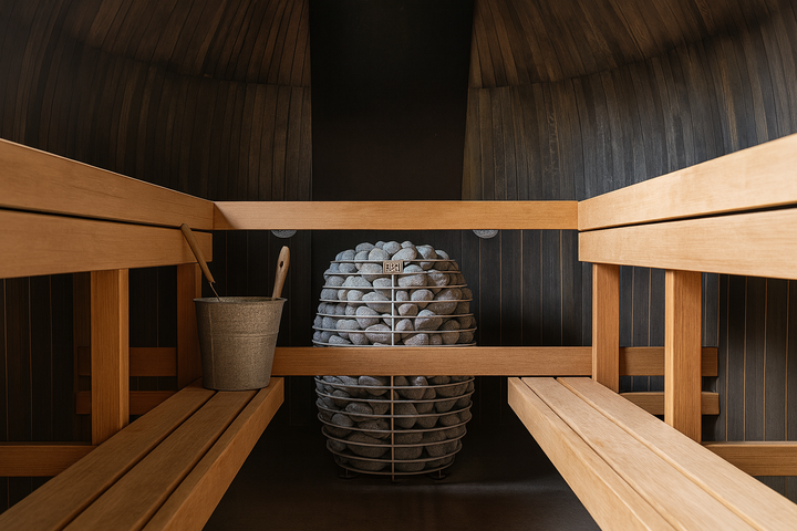 HUUM HIVE Series sauna heater in a wooden sauna interior with bench seating stone filled cage bucket and ladle
