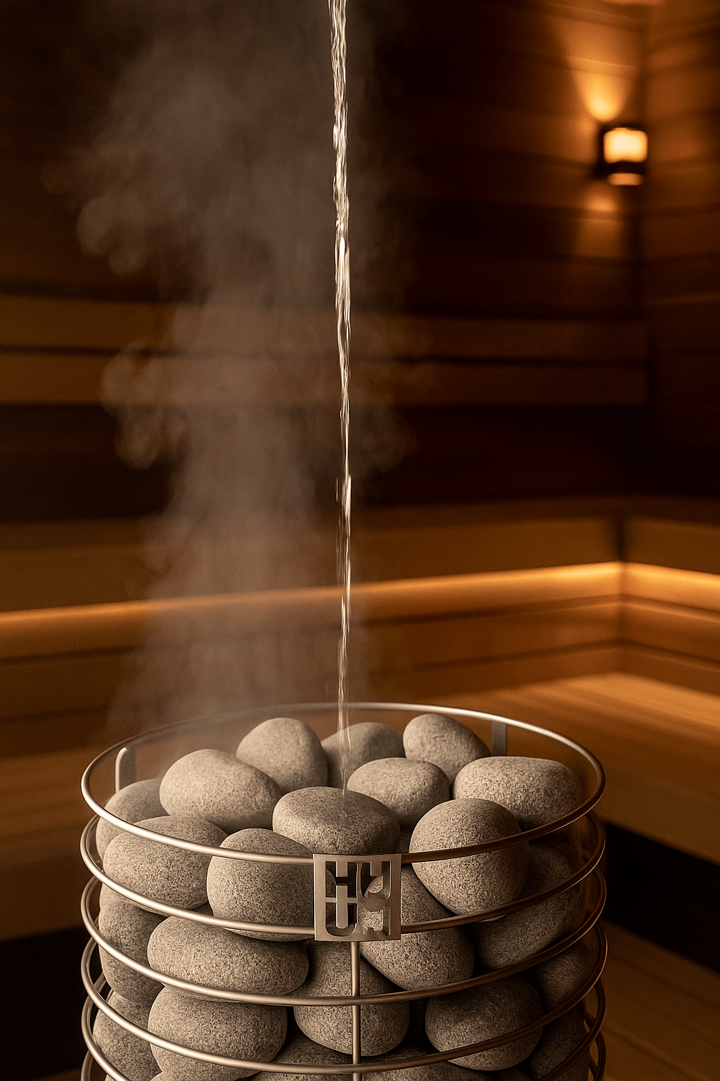HUUM sauna heater stones stacked in a metal basket with water vapor rising in a cozy sauna setting