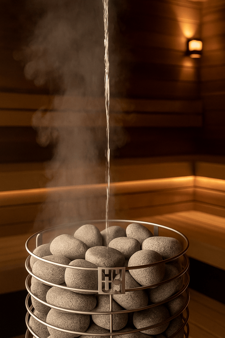 HUUM sauna heater stones stacked in a metal basket with water vapor rising in a cozy sauna setting