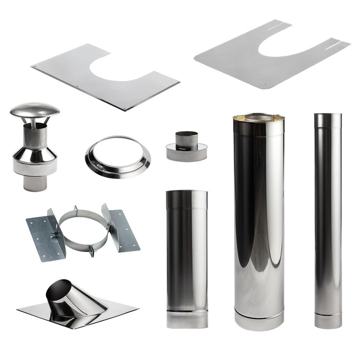HUUM thru-ceiling chimney kit components including pipes, caps, and plates for efficient ventilation