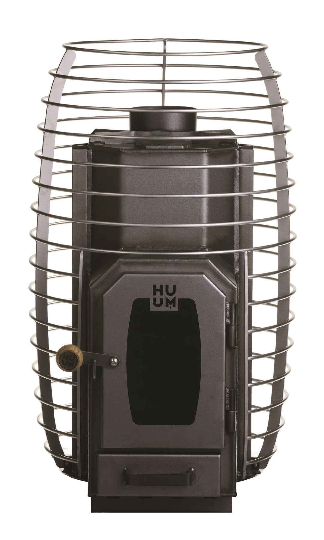 HUUM wood burning sauna stove with protective metal cage and front door handle