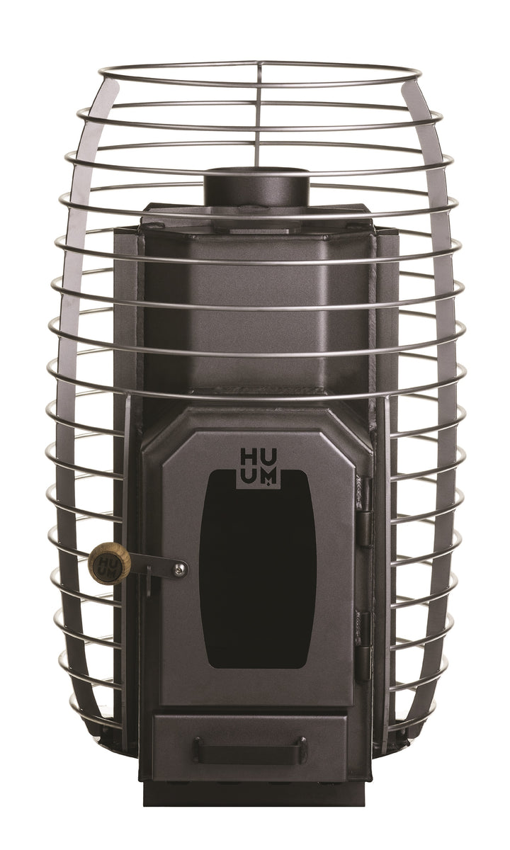 HUUM wood burning sauna stove with protective metal cage and front door handle