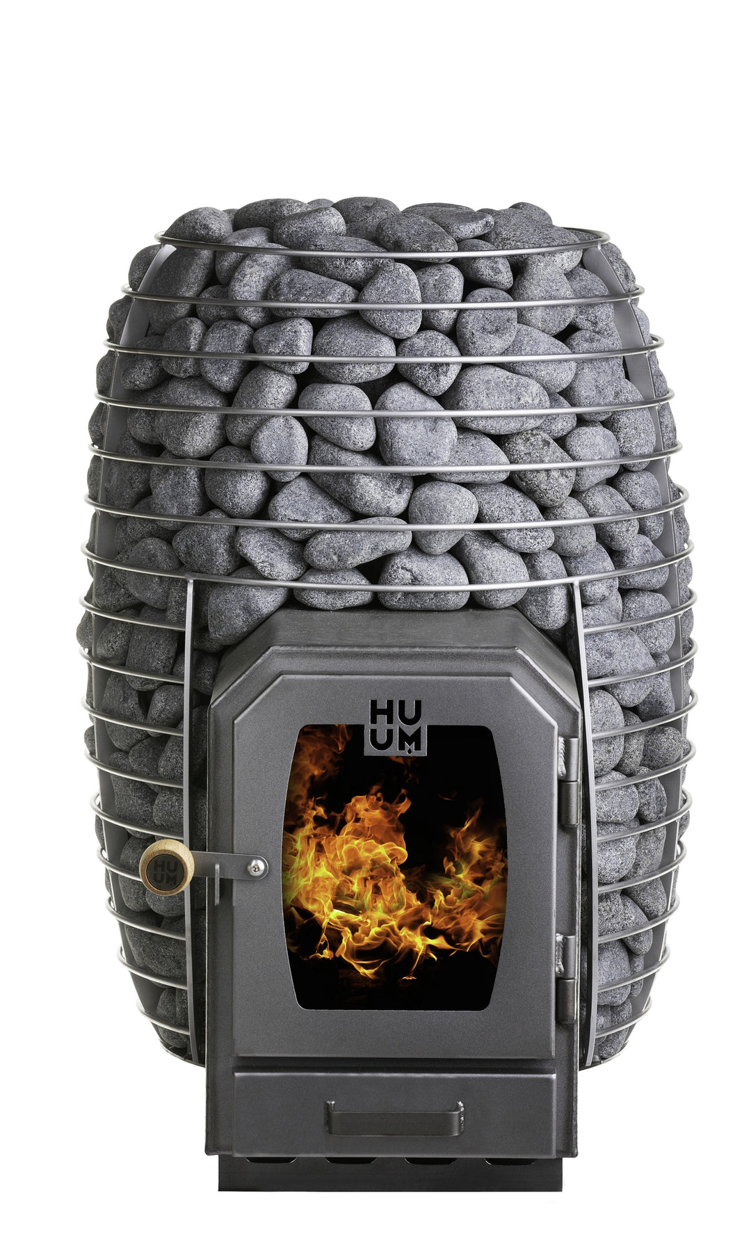 HUUM wood burning sauna stove with metal cage filled with sauna stones and a visible fire inside