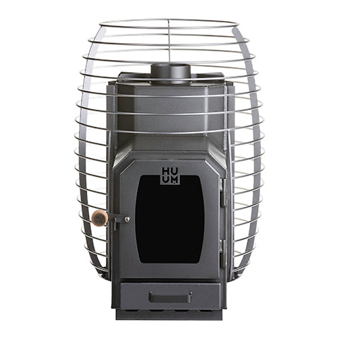 HUUM wood burning sauna stove with modern metal cage design and front loading door