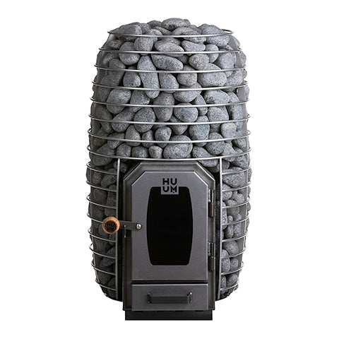 HUUM wood burning sauna stove with metal cage filled with sauna stones for efficient heating