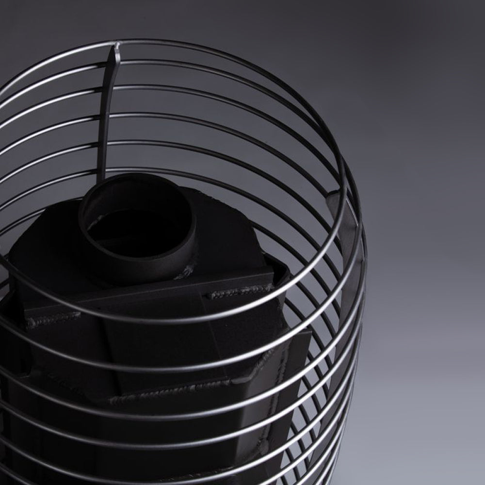HUUM wood burning sauna stove heater with black metal core and protective silver cage design