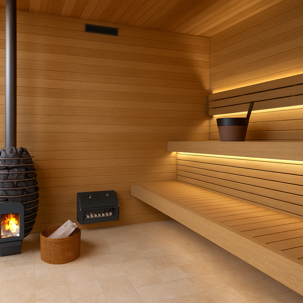 Saunum in-wall sauna temperature equalizer installed in a wooden sauna with a cozy interior