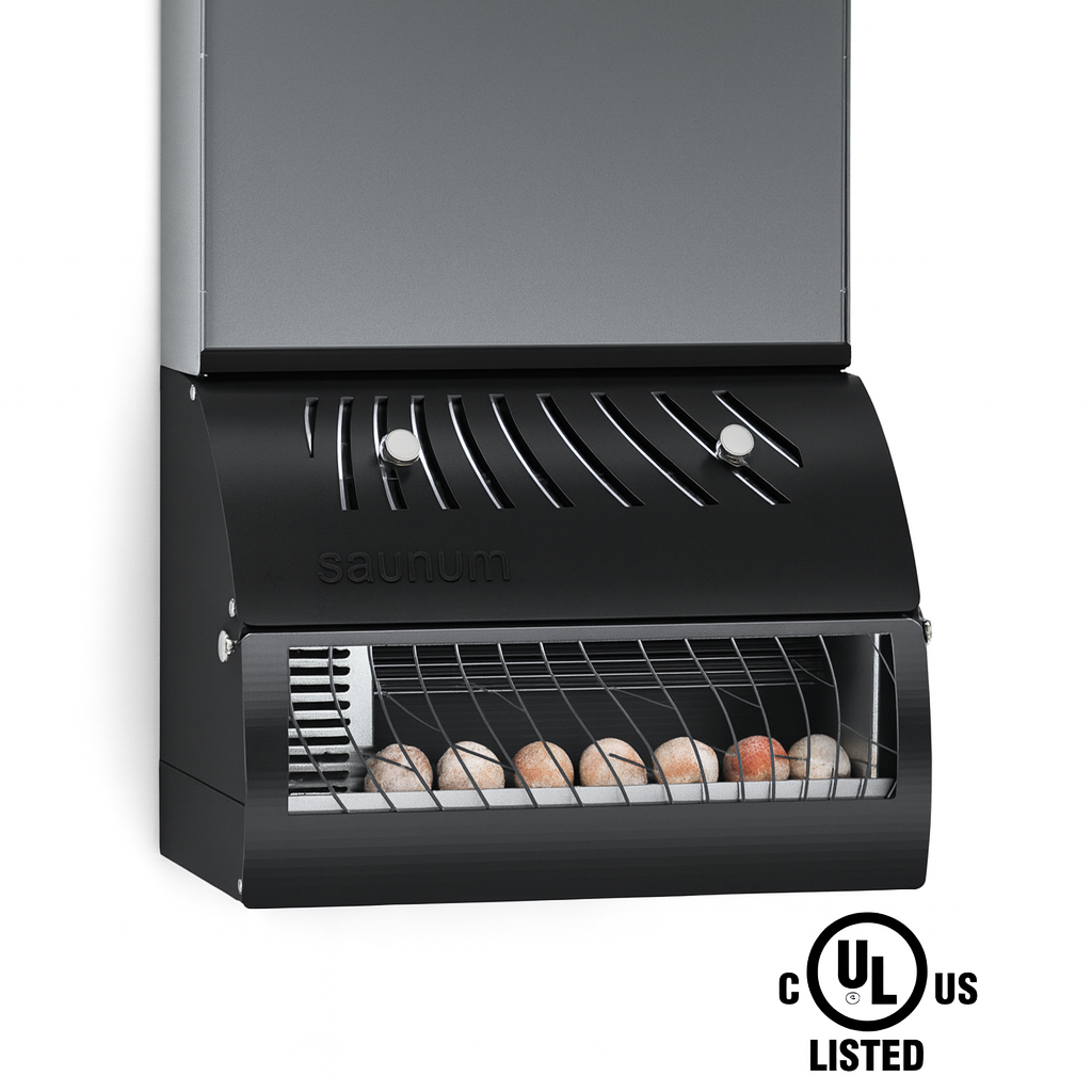 Saunum in-wall sauna temperature equalizer with sleek design and stone heating compartment for optimal heat distribution.