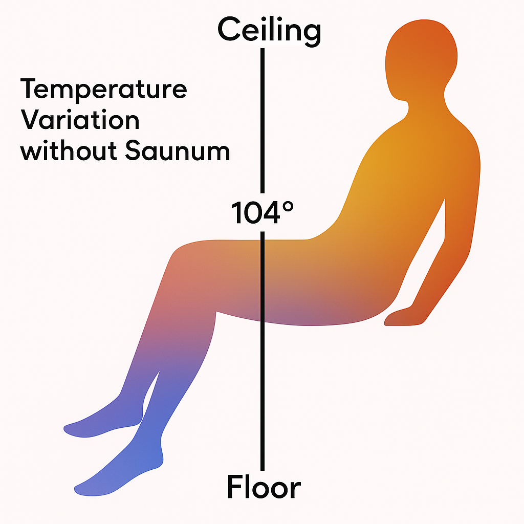 Illustration showing temperature variation in an in-wall sauna temperature equalizer, highlighting comfort levels