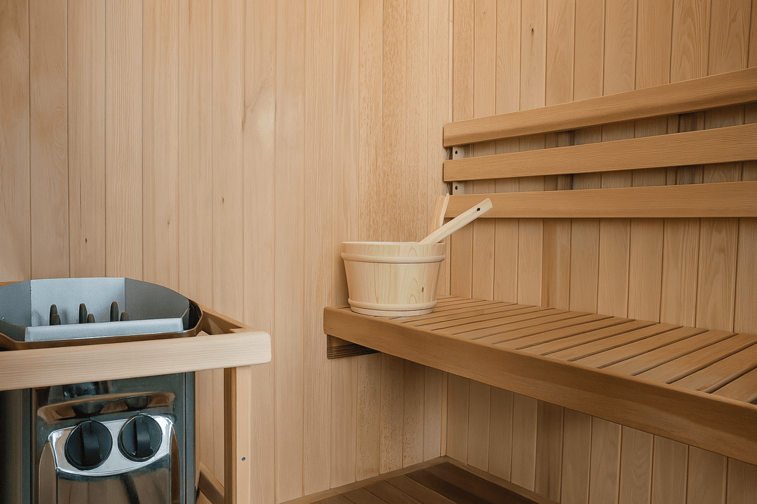 Cozy SunRay indoor traditional sauna for home featuring wooden benches and heater for relaxation