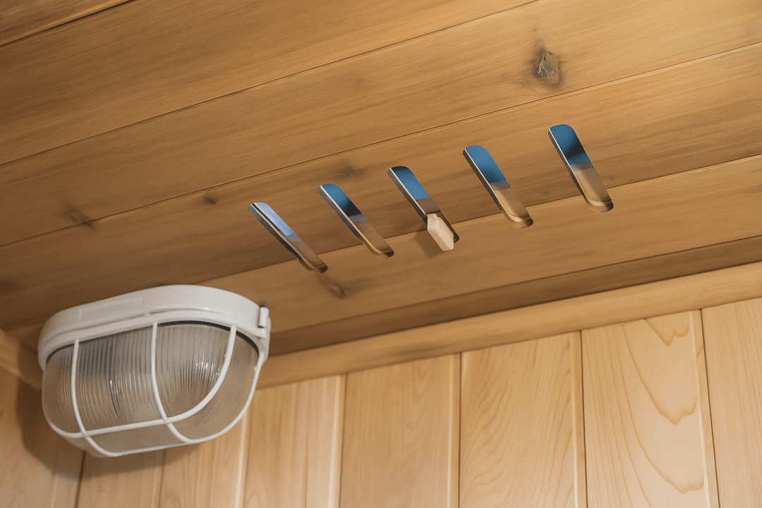 Wooden interior of SunRay indoor traditional sauna for home with metal air vents