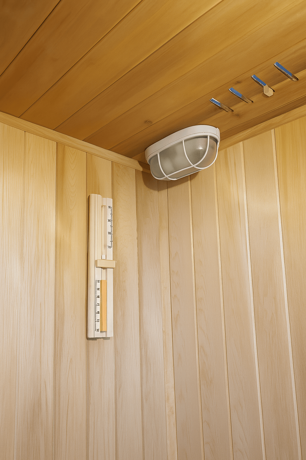 SunRay indoor traditional sauna for home featuring wooden paneling and overhead lighting