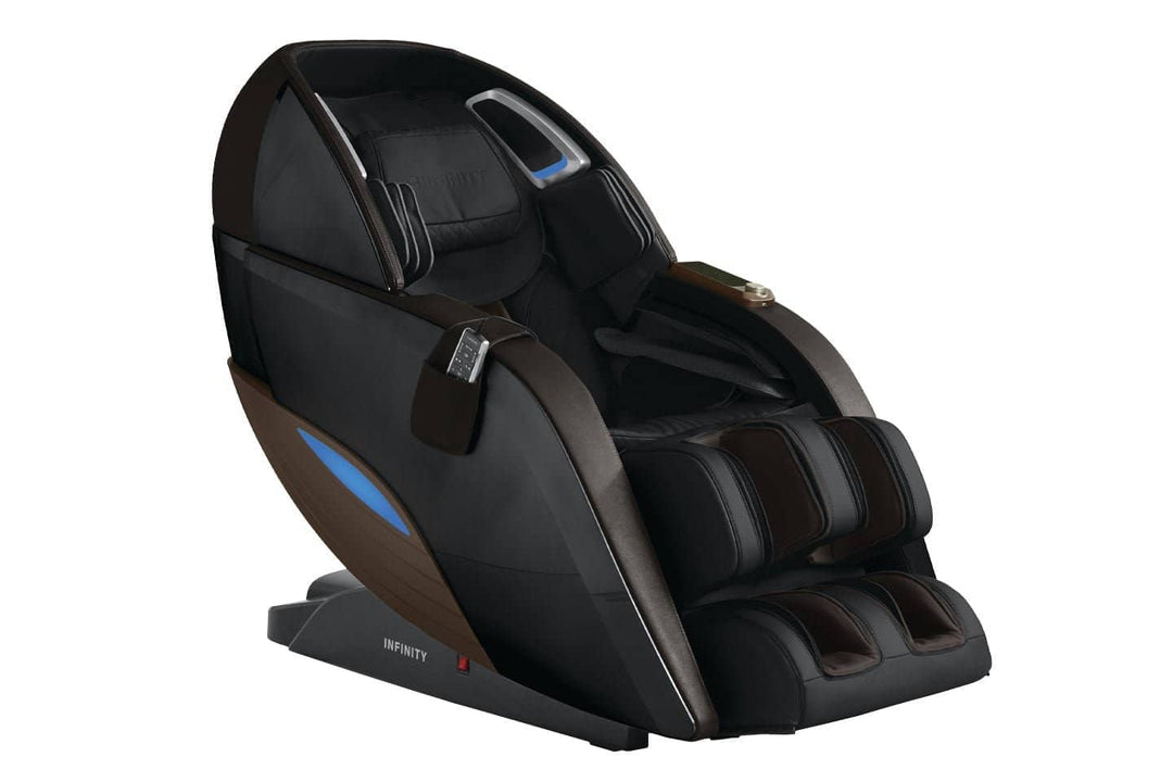 Infinity Dynasty 4D massage chair in black and brown with advanced comfort features for relaxation