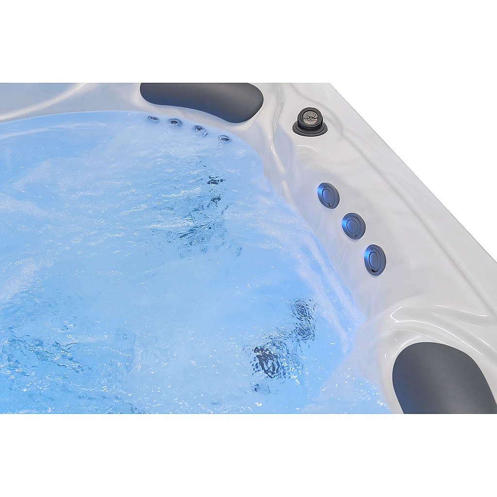 Luxury Spa Infinity Elite Series hot tub with bubbling water and ergonomic headrests in white