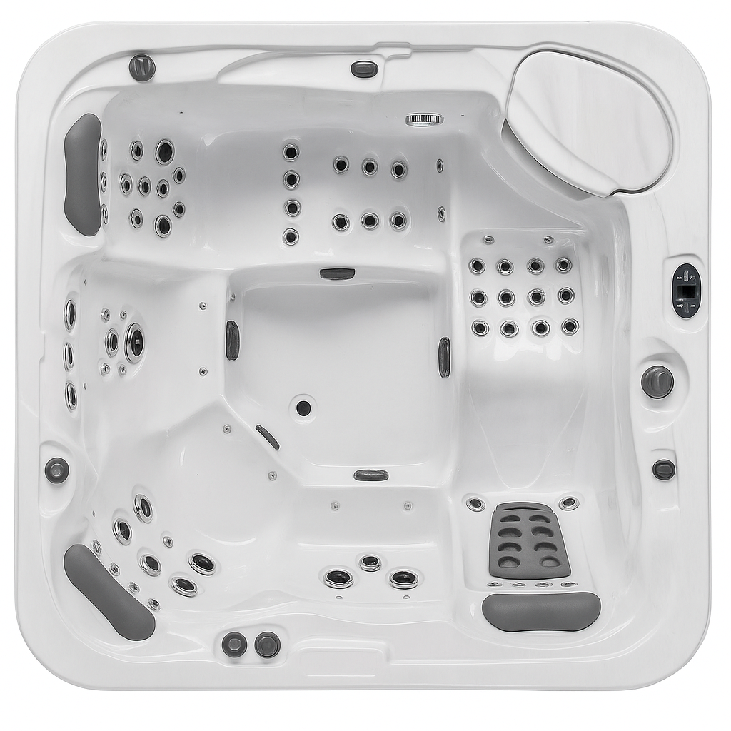 Top view of Luxury Spa Infinity Elite Series hot tub with multiple jets and seating areas in white