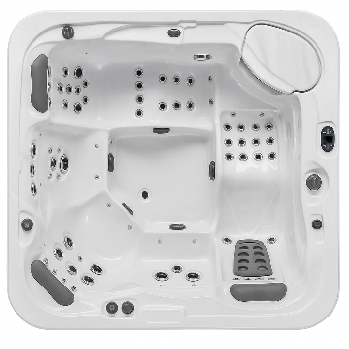 Top view of Luxury Spa Infinity Elite Series hot tub with multiple jets and seating areas in white