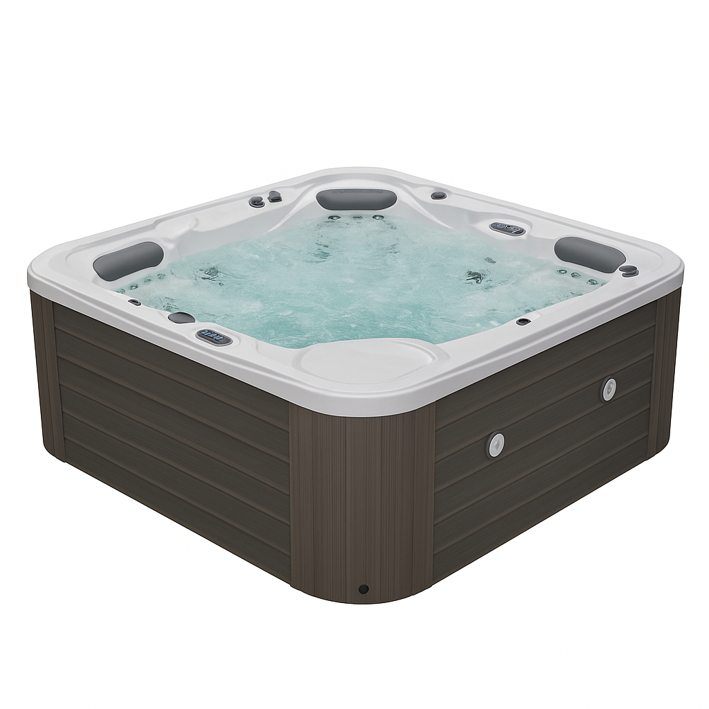 Luxury Spa Infinity Elite Series hot tub with dark brown exterior and white interior filled with bubbling water