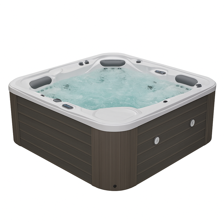 Luxury Spa Infinity Elite Series hot tub with dark brown exterior and white interior filled with bubbling water