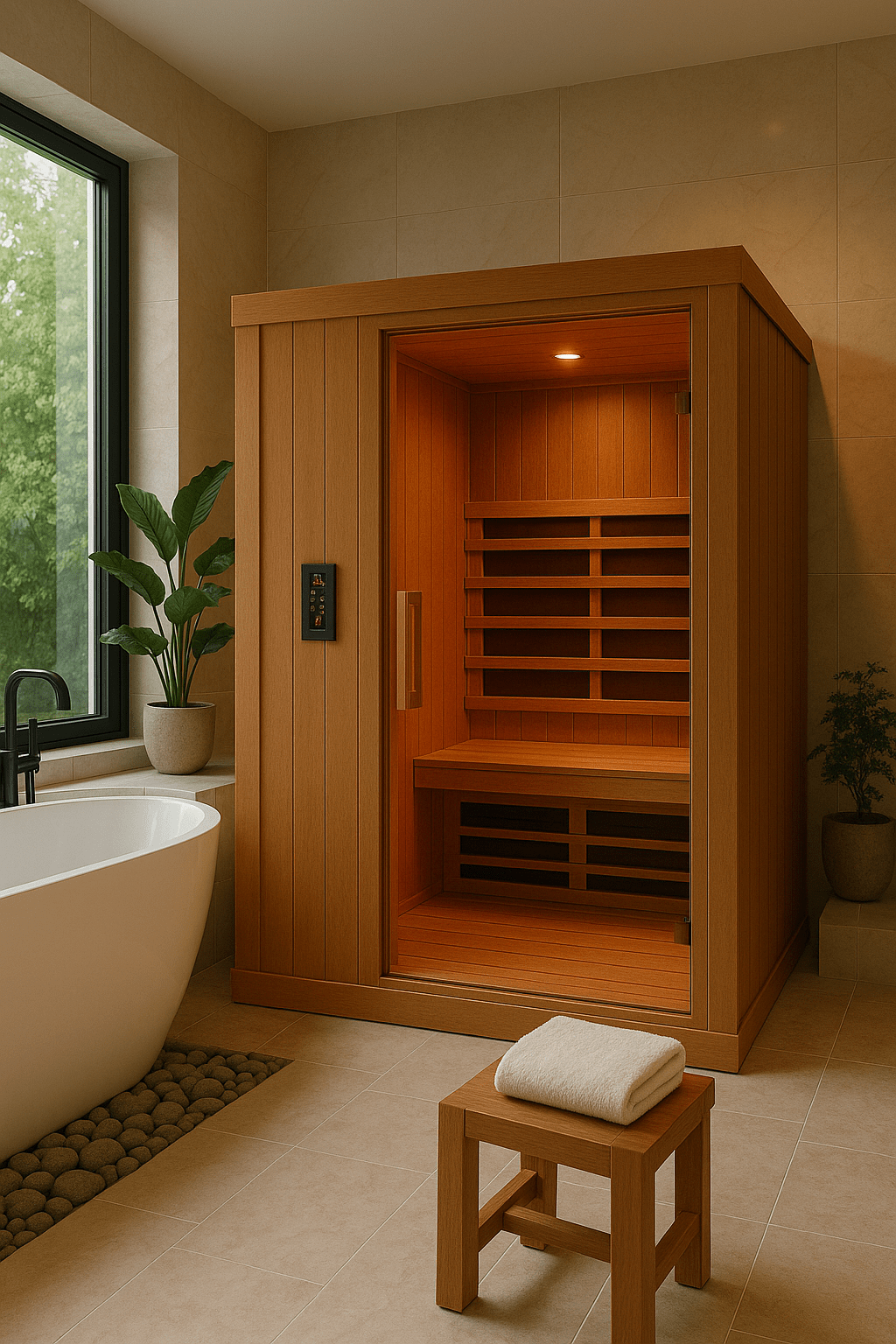 Finnmark 2 person infrared sauna for home with wooden design and interior seating for relaxation