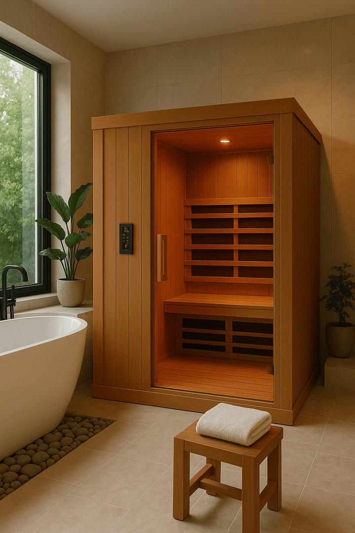 Finnmark 2 person infrared sauna for home with wooden design and interior seating for relaxation