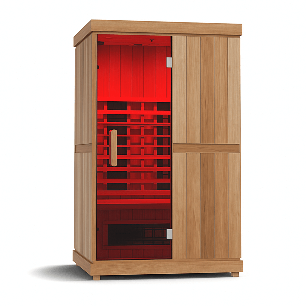 Finnmark 2 person infrared sauna for home with wooden exterior and vibrant red interior lighting