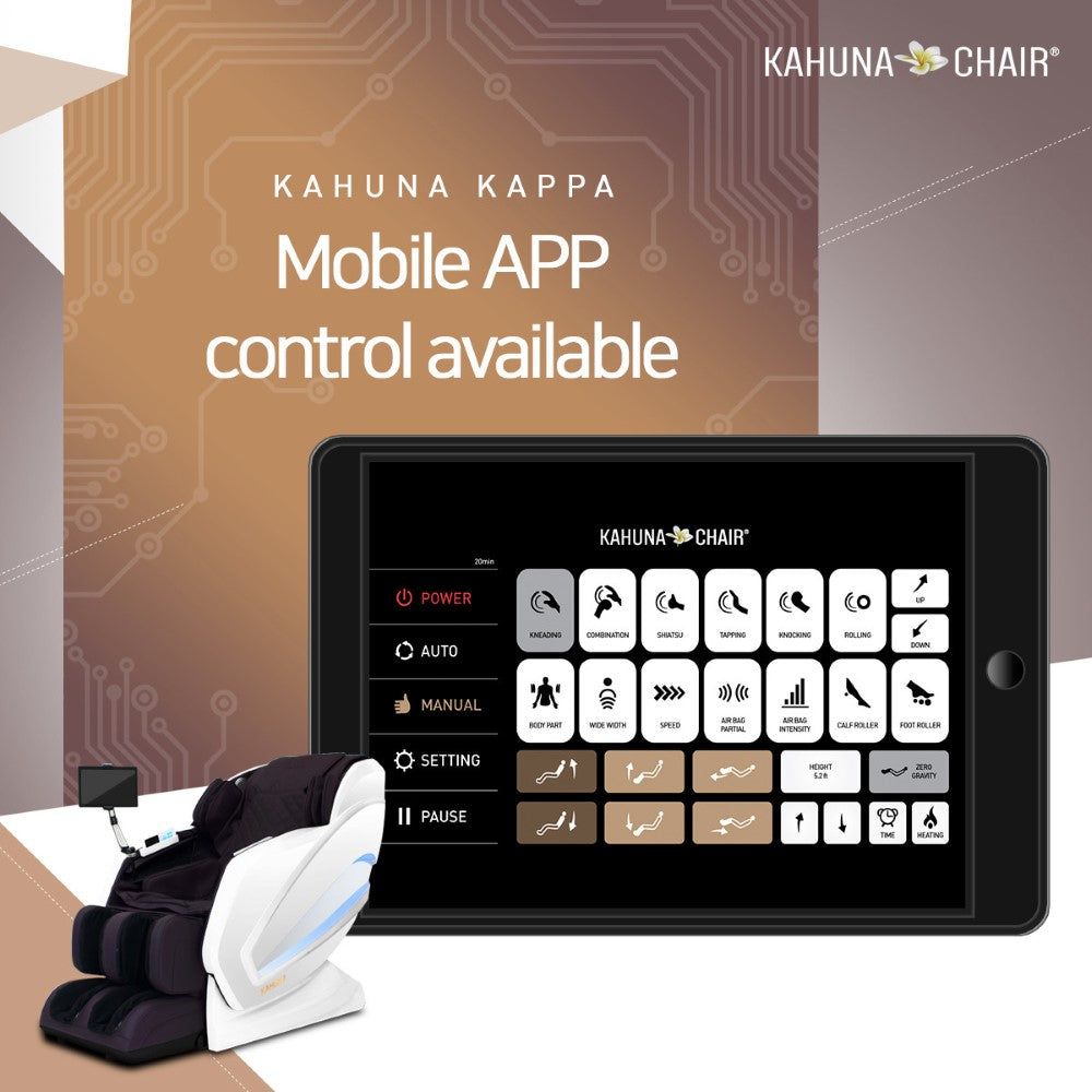 Kahuna Kappa luxury massage chair for home with mobile app control interface displayed