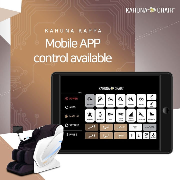 Kahuna Kappa luxury massage chair for home with mobile app control interface displayed