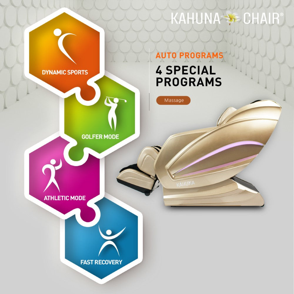 Kahuna luxury massage chair for home featuring dynamic sports, golfer mode, athletic mode, and fast recovery programs