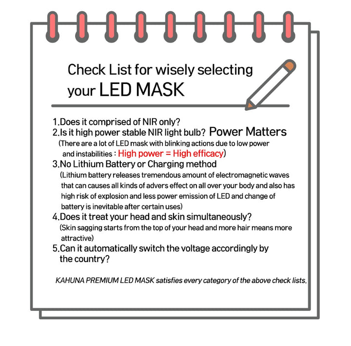 Check list for Kahuna premium LED light therapy mask selection with tips on power and usage