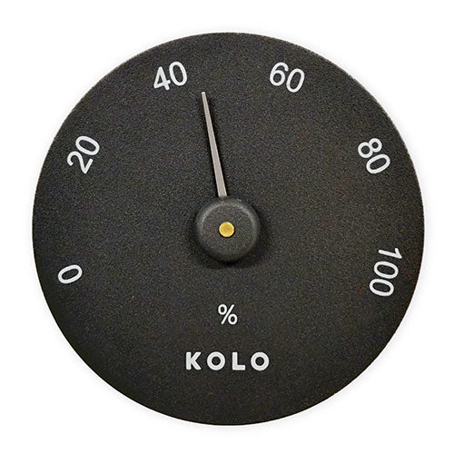 KOLO hygrometer for sauna with black dial and white percentage markings showing humidity levels