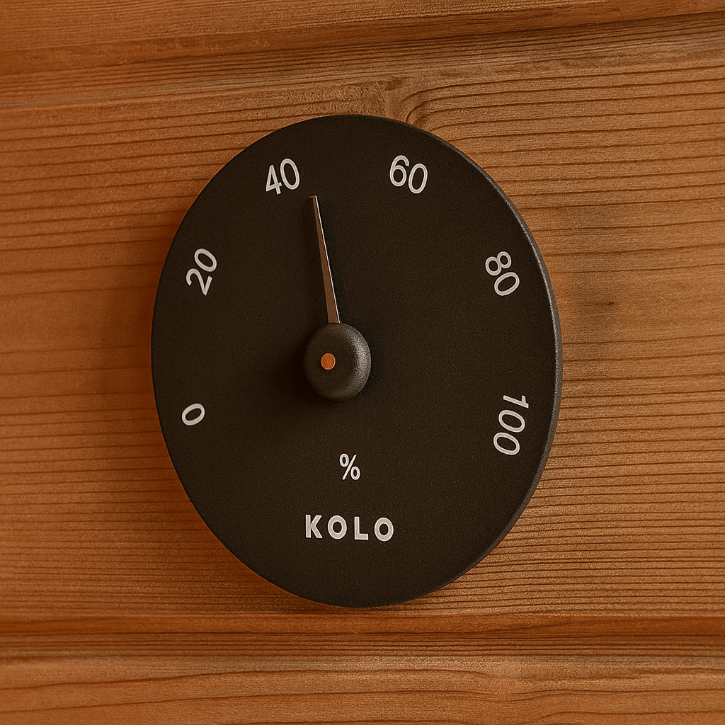 KOLO hygrometer for sauna with a sleek black design measuring humidity levels up to 100 percent