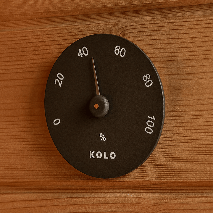 KOLO hygrometer for sauna with a sleek black design measuring humidity levels up to 100 percent