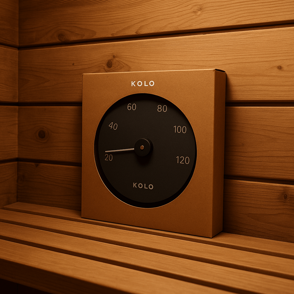 KOLO luxury sauna thermometer displayed in a wooden sauna setting with a sleek black design
