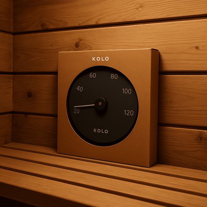 KOLO luxury sauna thermometer displayed in a wooden sauna setting with a sleek black design