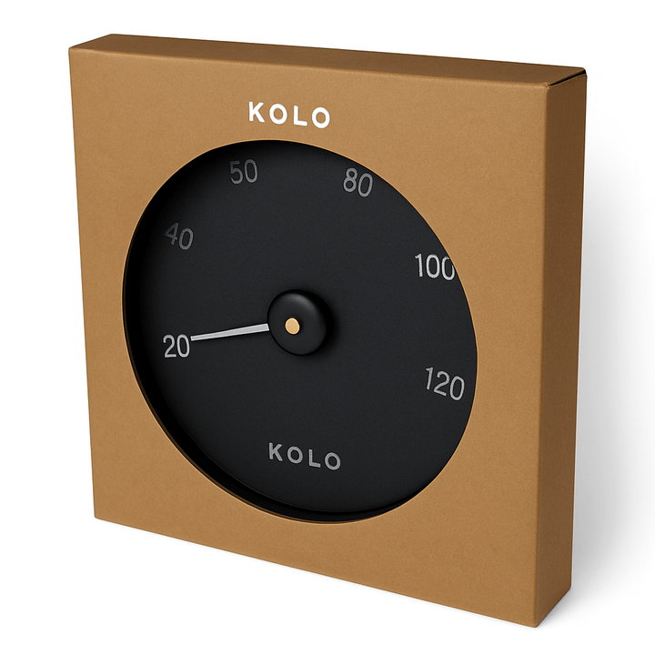 KOLO luxury sauna thermometer in a sleek black design with a modern packaging box