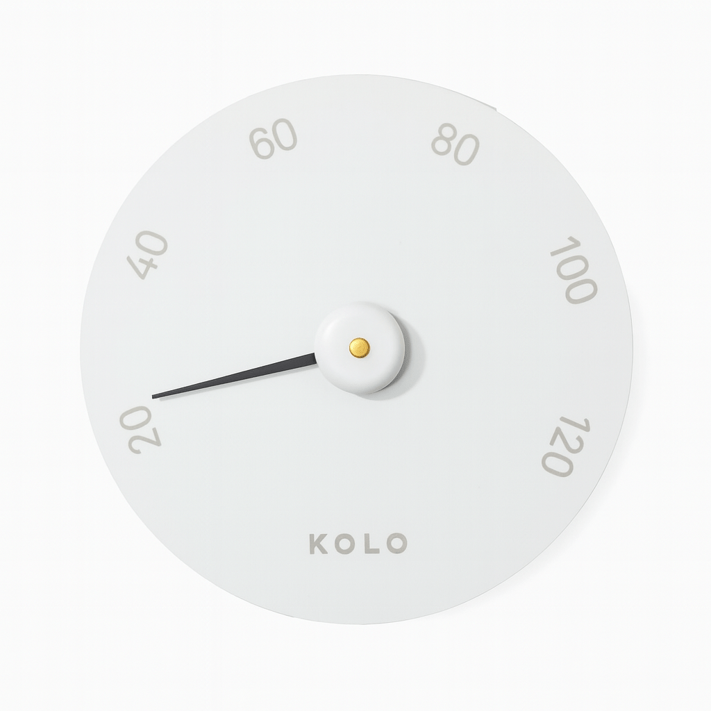 KOLO luxury sauna thermometer with a sleek white design for accurate temperature readings