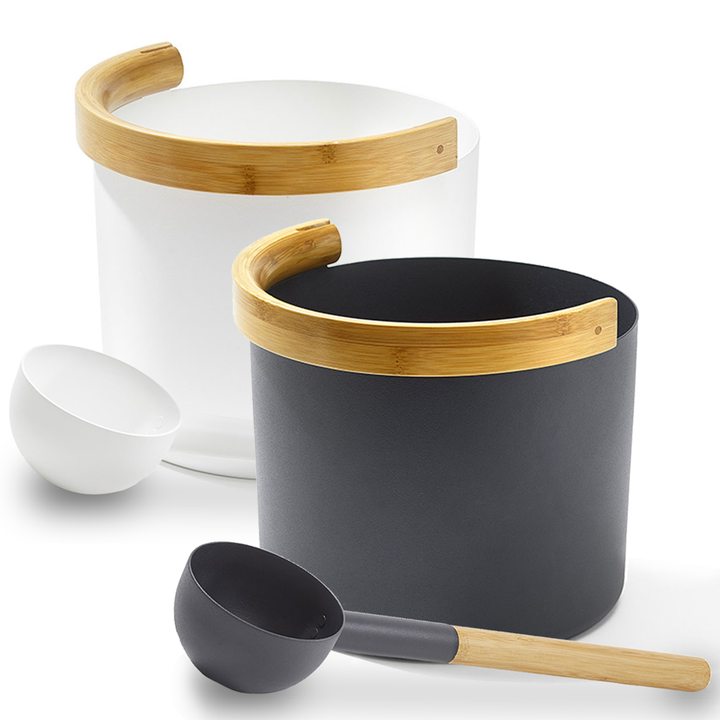 KOLO sauna accessories for home spa featuring black and white buckets with wooden handles and matching ladles