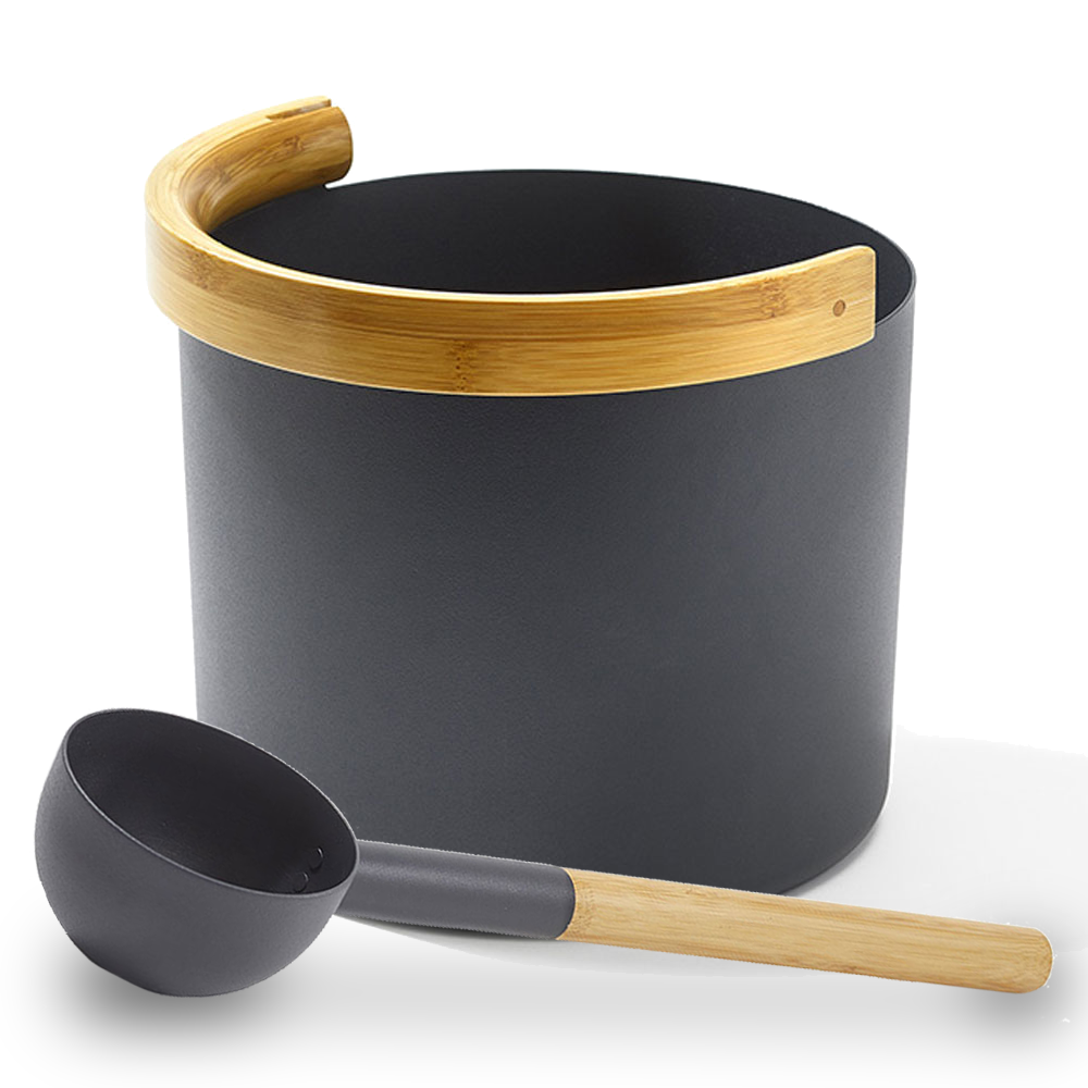 KOLO sauna accessories for home spa featuring black bucket with bamboo handle and matching ladle