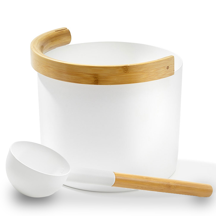 KOLO sauna accessories for home spa featuring a white bucket with bamboo handle and matching ladle